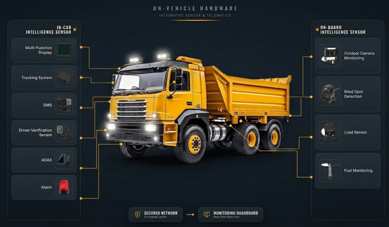 TaraMining on-vehicle hardware map: numbered sensors on a haul truck — in-cab ADAS/DMS/tracking suite, fuel monitoring, blind-spot detection, outdoor camera monitoring, and load sensor — connected through a secured network to the cloud application server and monitoring dashboard.